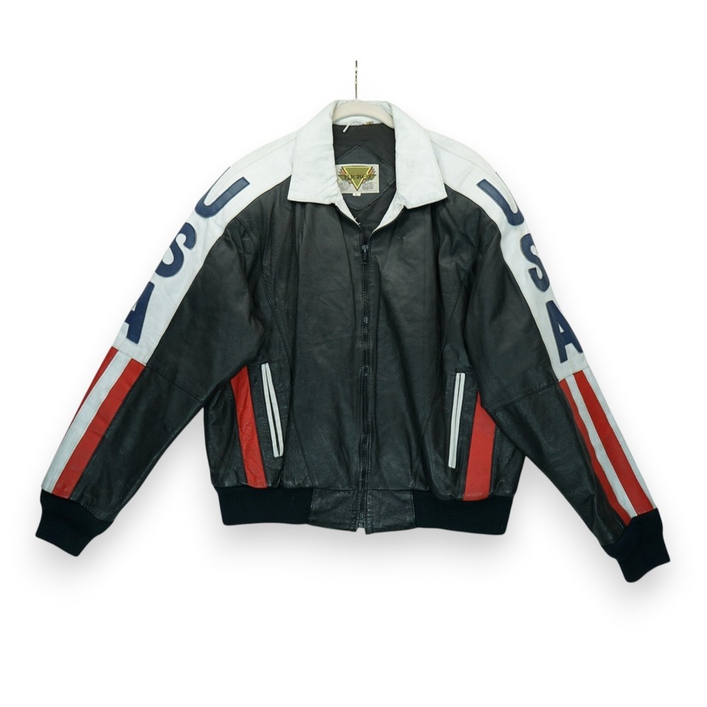 Vintage 90s Phase2 American Flag Men's Leather USA Jacket Size Large Embroidered